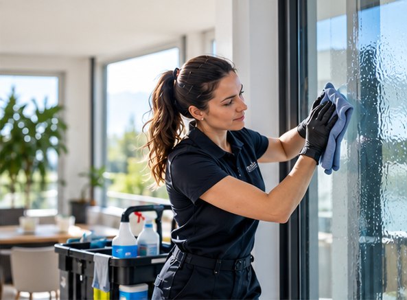 Reinigungskraft reinigt ein Fenster in einer hellen Wohnung